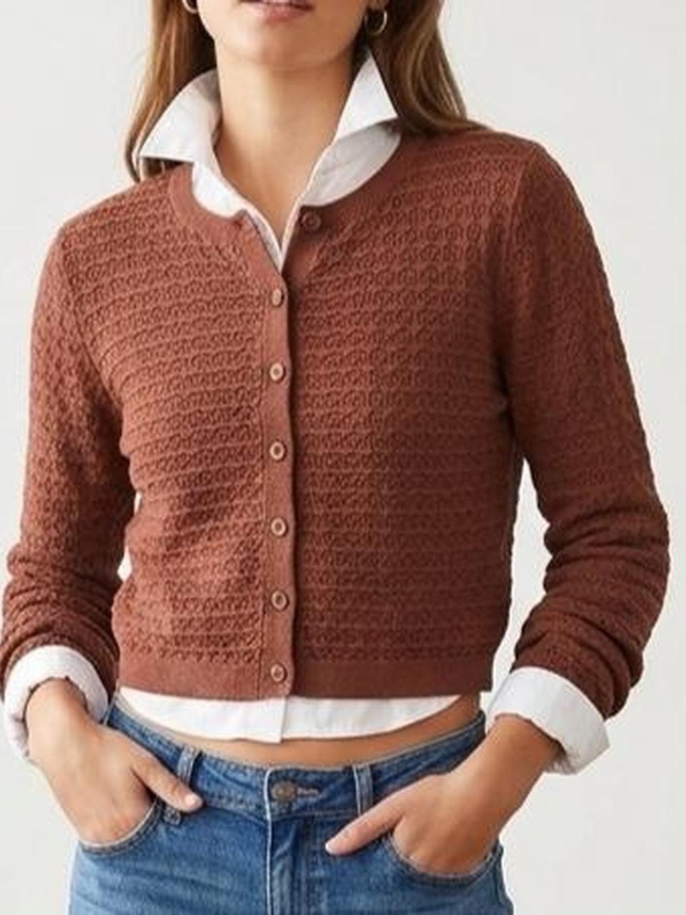 NWT Textured Button-Front Cardigan in Rust Brown
